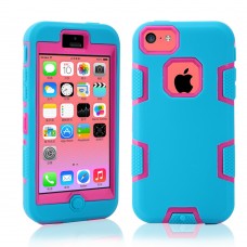 iPhone 5c - 3 Piece Hard Plastic Silicone Hybrid Drop Shock Proof Protective Phone Cover Case - Blue Pink